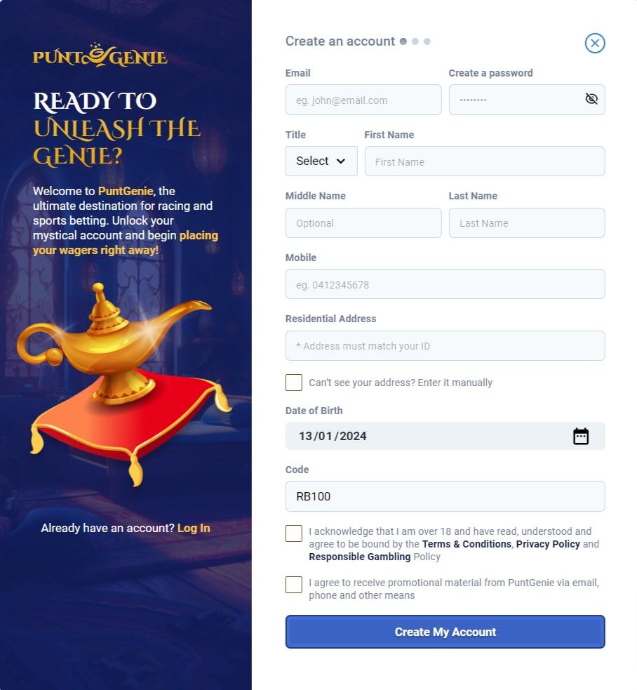 PuntGenie sign up